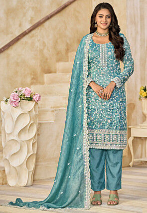 Embroidered Organza Pakistani Suit in Light Blue