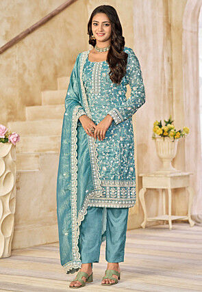 Embroidered Organza Pakistani Suit in Light Blue
