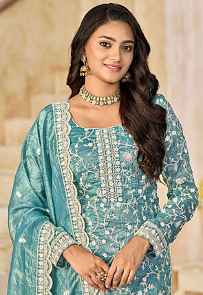 Embroidered Organza Pakistani Suit in Light Blue