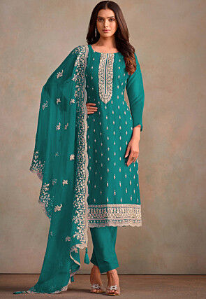 Embroidered Organza Pakistani Suit in Teal Blue