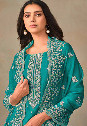 Designer Party Wear Net Salwar Suit Collection Greyish Teal Soft Organza Pant Pakistani Suit