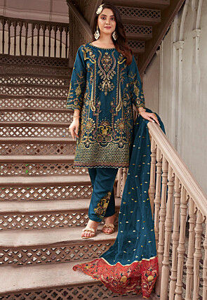 Embroidered Organza Pakistani Suit in Teal Blue