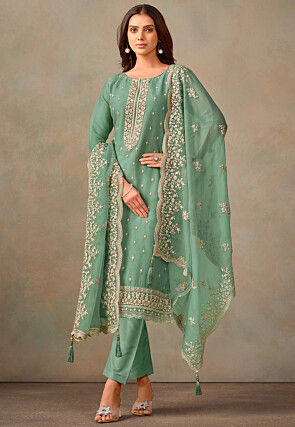 Embroidered Organza Pakistani Suit in Teal Green
