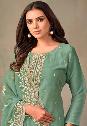 Embroidered Organza Pakistani Suit in Teal Green