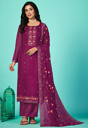 Embroidered Organza Pakistani Suit in Wine