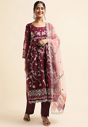 Embroidered Organza Pakistani Suit in Wine