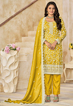 Embroidered Organza Pakistani Suit in Yellow