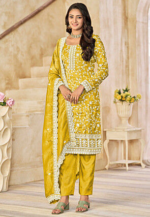 Embroidered Organza Pakistani Suit in Yellow