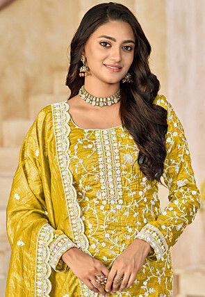 Embroidered Organza Pakistani Suit in Yellow
