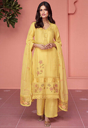 Embroidered Organza Pakistani Suit in Yellow