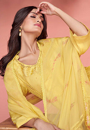 Embroidered Organza Pakistani Suit in Yellow