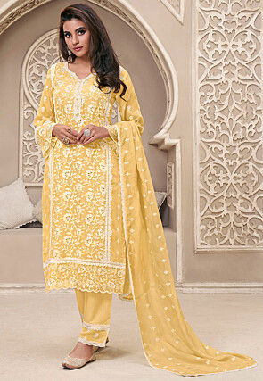 Embroidered Organza Pakistani Suit in Yellow