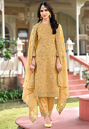 Embroidered Organza Pakistani Suit in Yellow
