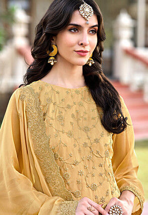 Embroidered Organza Pakistani Suit in Yellow