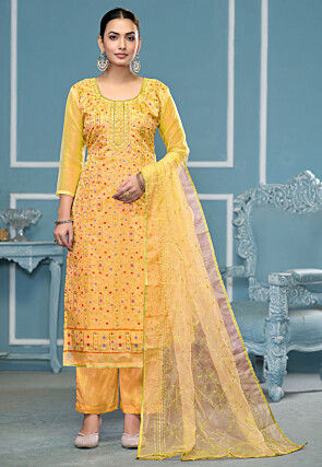Embroidered Organza Pakistani Suit in Yellow