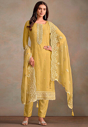 Embroidered Organza Pakistani Suit in Yellow
