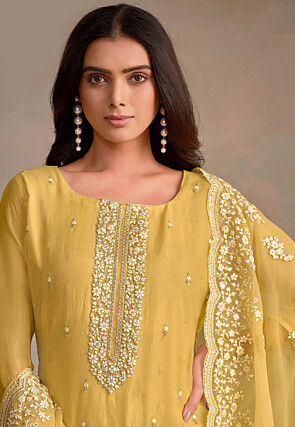 Embroidered Organza Pakistani Suit in Yellow