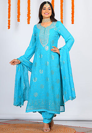 Embroidered Organza Punjabi Suit in Blue