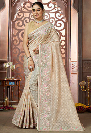 Embroidered Organza Saree in Beige