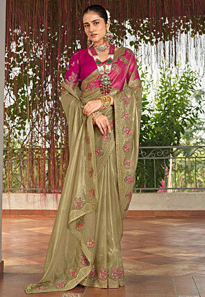 Embroidered Organza Saree in Beige