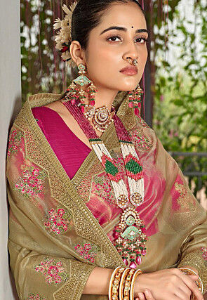 Embroidered Organza Saree in Beige