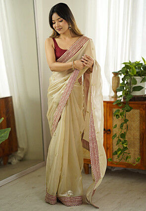 Embroidered Organza Saree in Beige