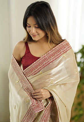 Embroidered Organza Saree in Beige