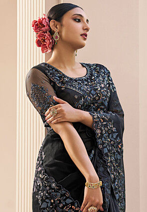 Embroidered Organza Saree in Black