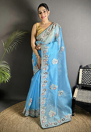 Embroidered Organza Saree in Blue