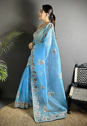 Embroidered Organza Saree in Blue