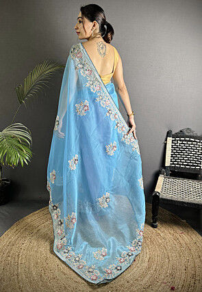 Embroidered Organza Saree in Blue