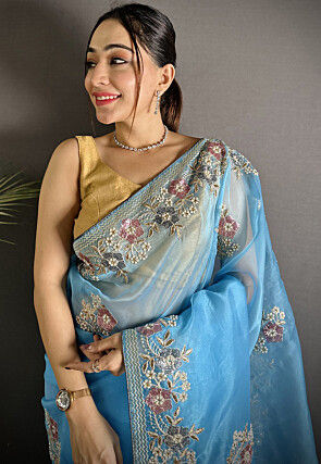 Embroidered Organza Saree in Blue