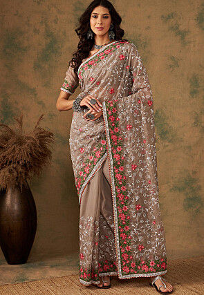 Embroidered Organza Saree in Brown
