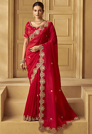 Embroidered Organza Saree in Dark Fuchsia
