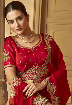 Embroidered Organza Saree in Dark Fuchsia