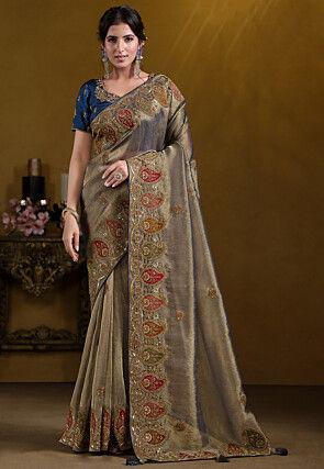 Embroidered Organza Saree in Fawn