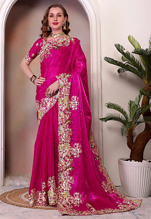 Embroidered Organza Saree in Fuchsia