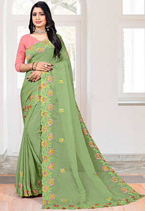 Embroidered Organza Saree in Green