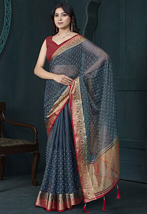 Embroidered Organza Saree in Grey