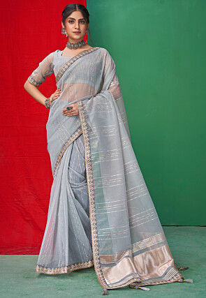 Embroidered Organza Saree in Grey