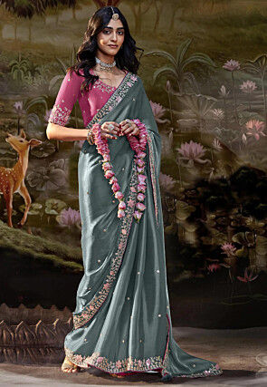 Embroidered Organza Saree in Grey