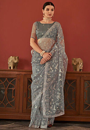 Embroidered Organza Saree in Grey