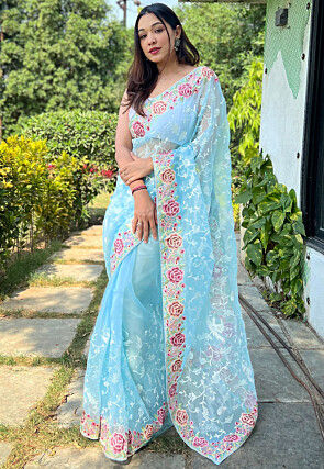 Embroidered Organza Saree in Light Blue