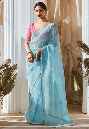 Embroidered Organza Saree in Light Blue