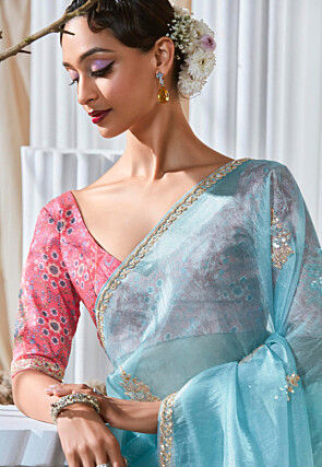 Embroidered Organza Saree in Light Blue