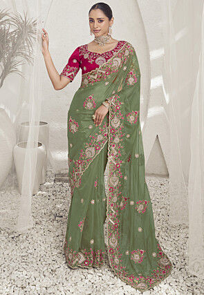 Embroidered Organza Saree in Light Green