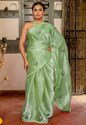 Embroidered Organza Saree in Light Green