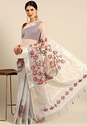 Embroidered  Organza Saree in Light Grey