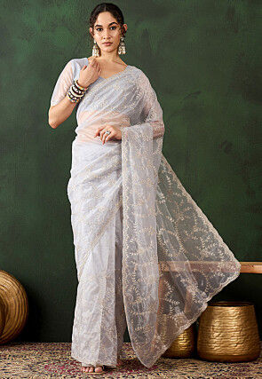 Embroidered Organza Saree in Light Grey