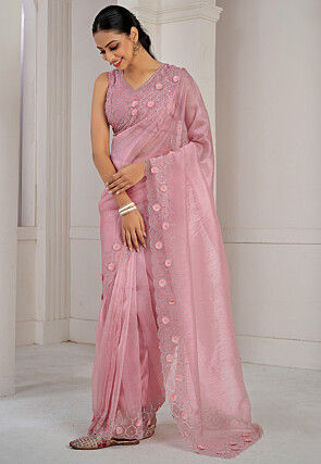 Embroidered Organza Saree in Light Pink